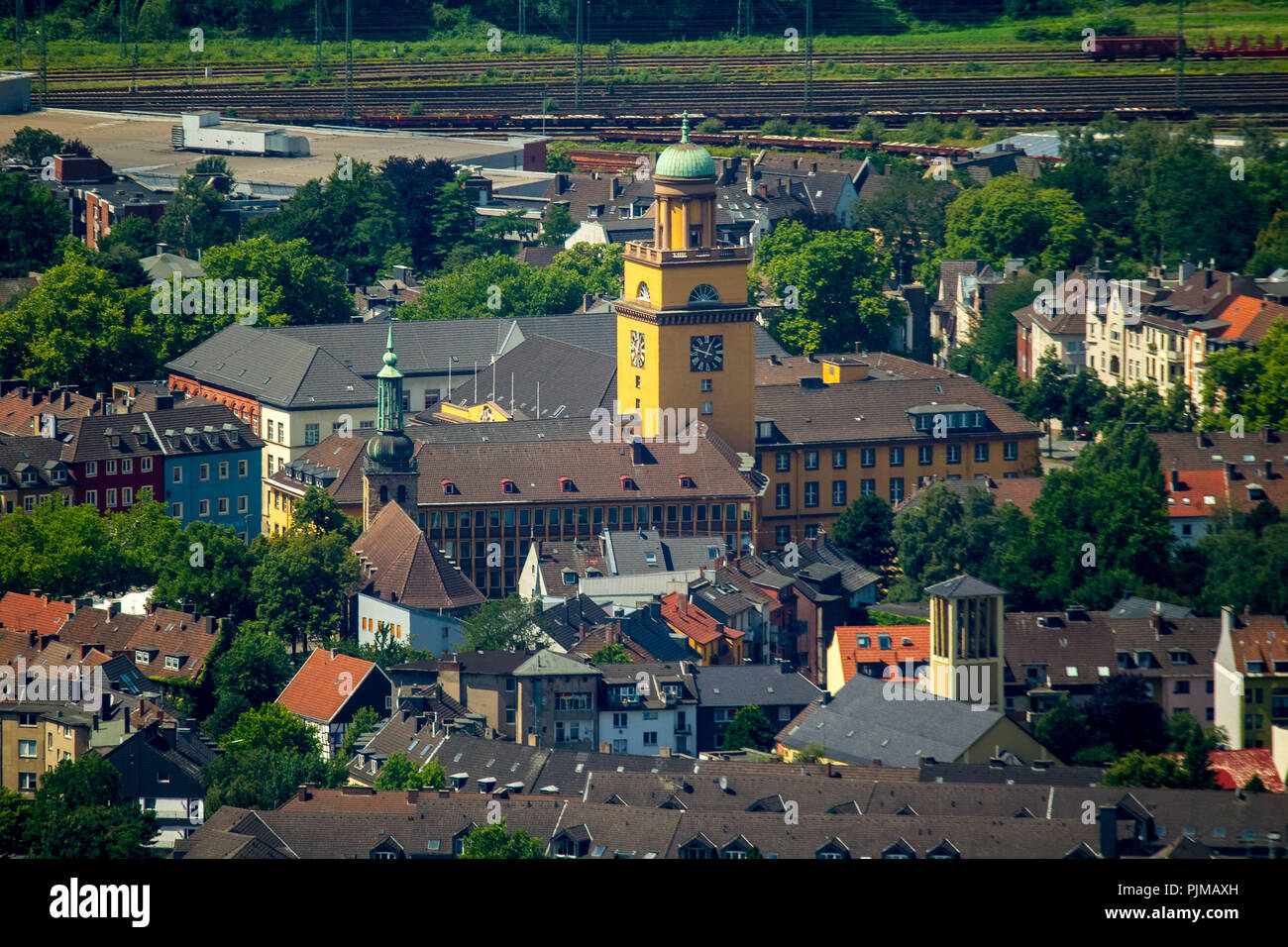 Town hall Witten from Annen photographed with the super telephoto lens, Witten, Ruhr area, North Rhine-Westphalia, Germany Stock Photo