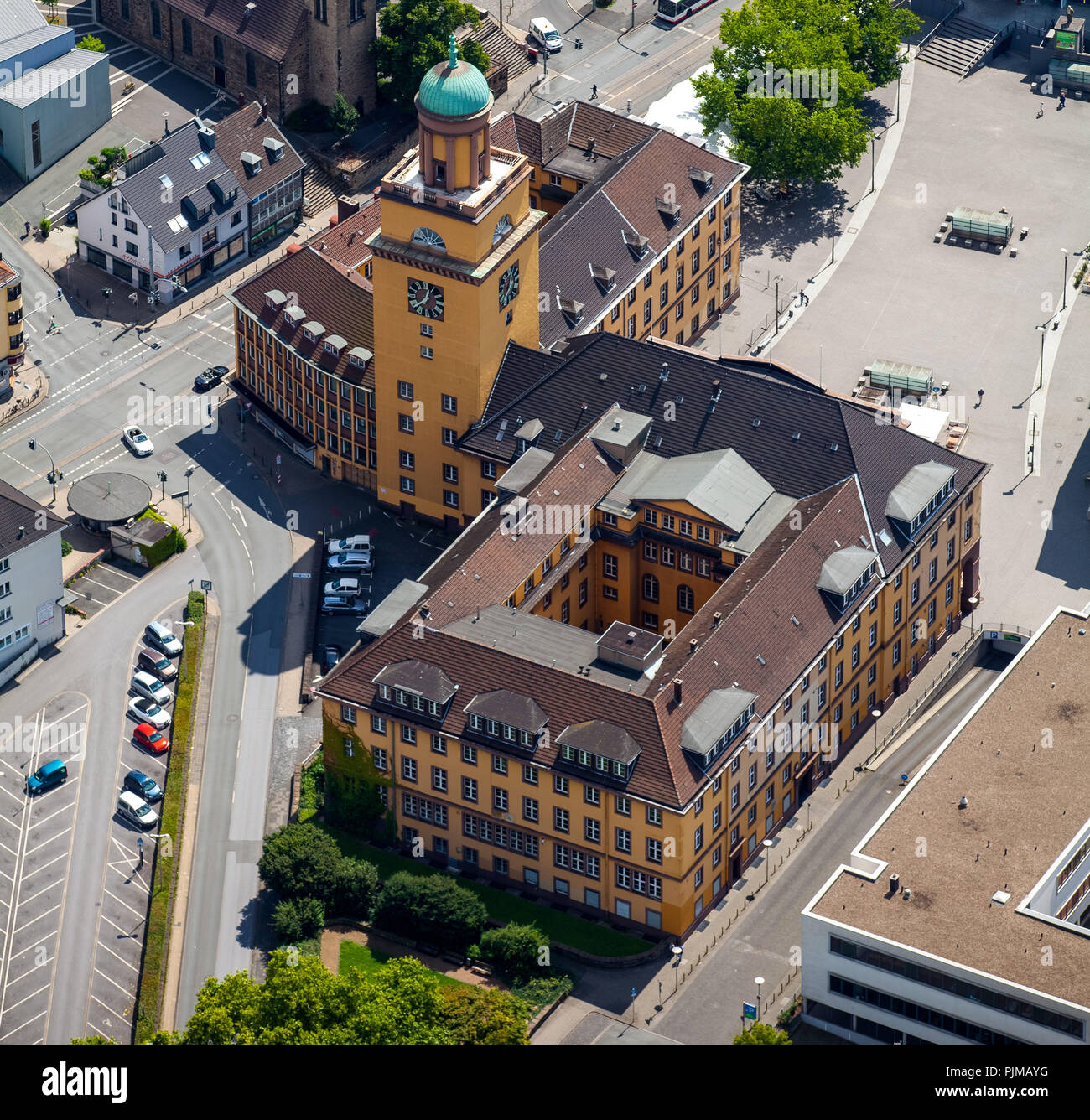 Town hall Witten and Kornmarkt opposite with bus station and parking lots, Witten, Ruhr area, North Rhine-Westphalia, Germany Stock Photo