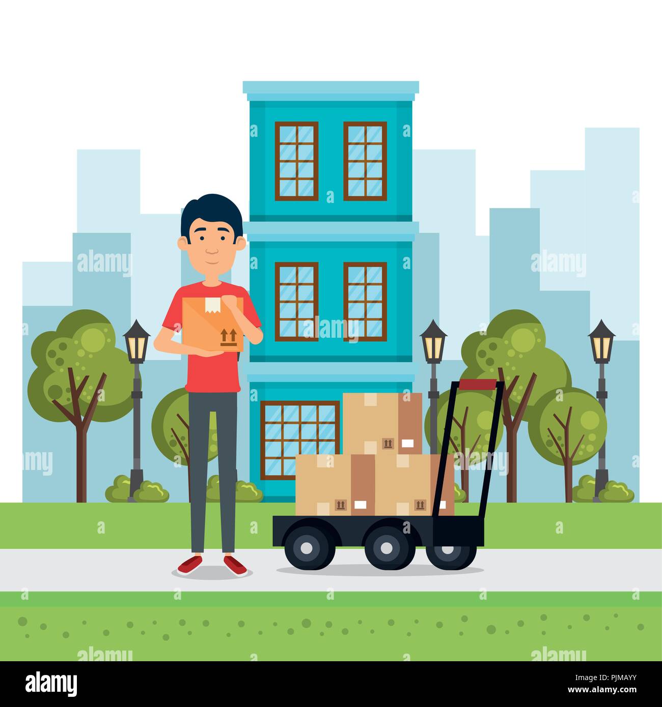 delivery worker with cart boxes character vector illustration design ...