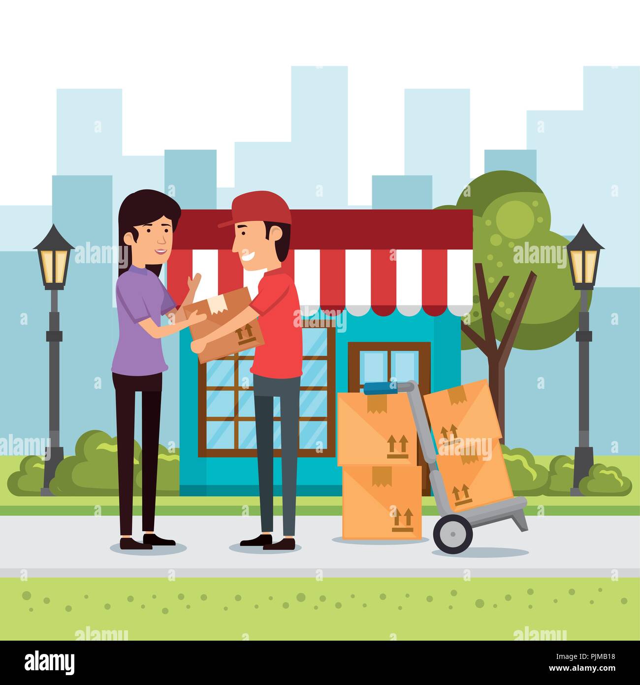 delivery worker with cart boxes character vector illustration design ...