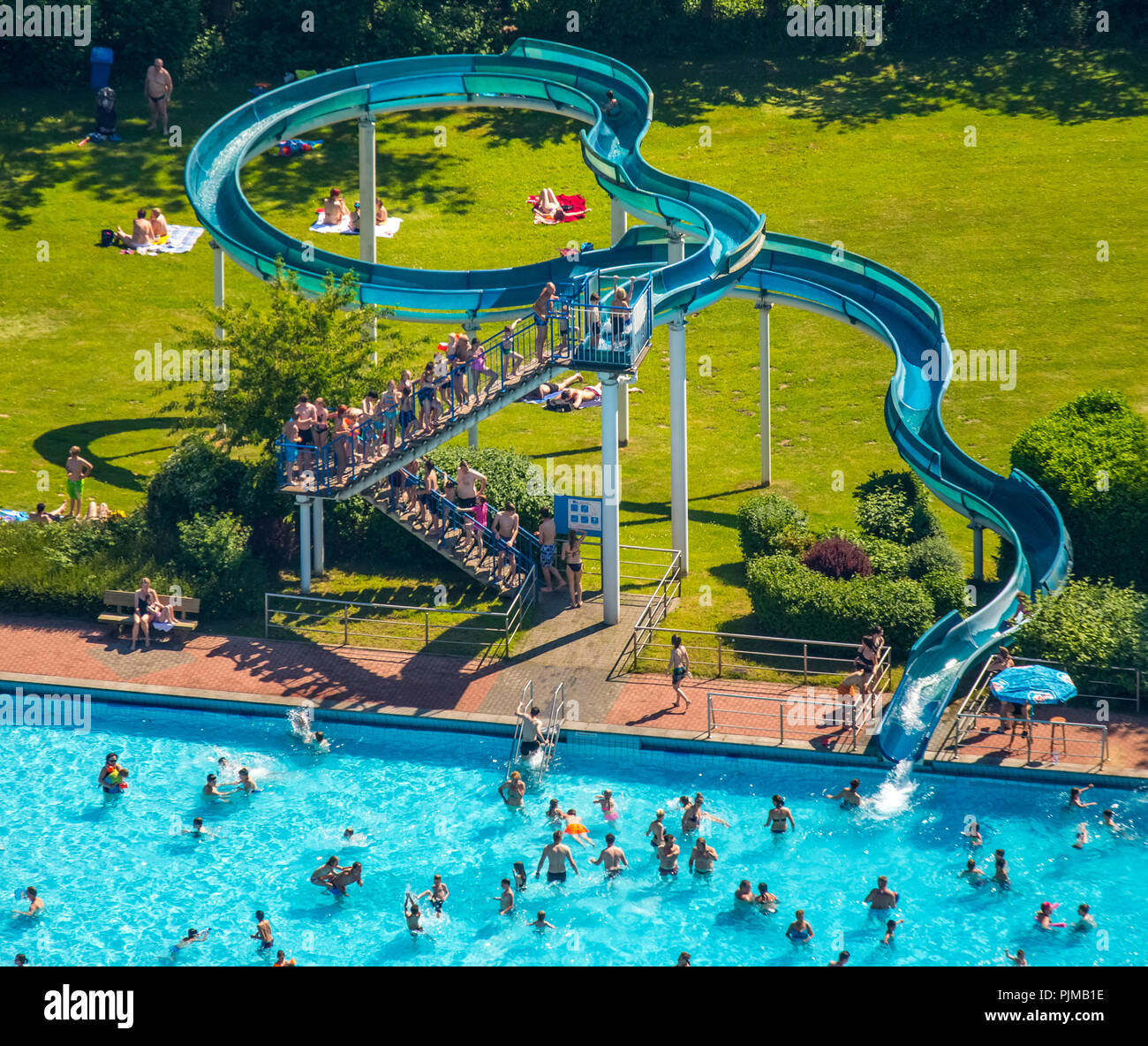 67m water slide, outdoor pool Heljens Bad, Heiligenhaus, Ruhr area, North Rhine-Westphalia, Germany Stock Photo