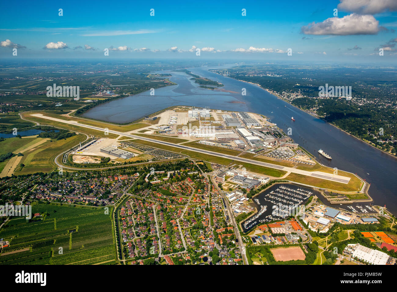 Finkenwerder Airport, runway and factory buildings of Airbus Airport, Finkenwerder Airport, Hamburg, Free and Hanseatic City of Hamburg, Hamburg, Germany Stock Photo