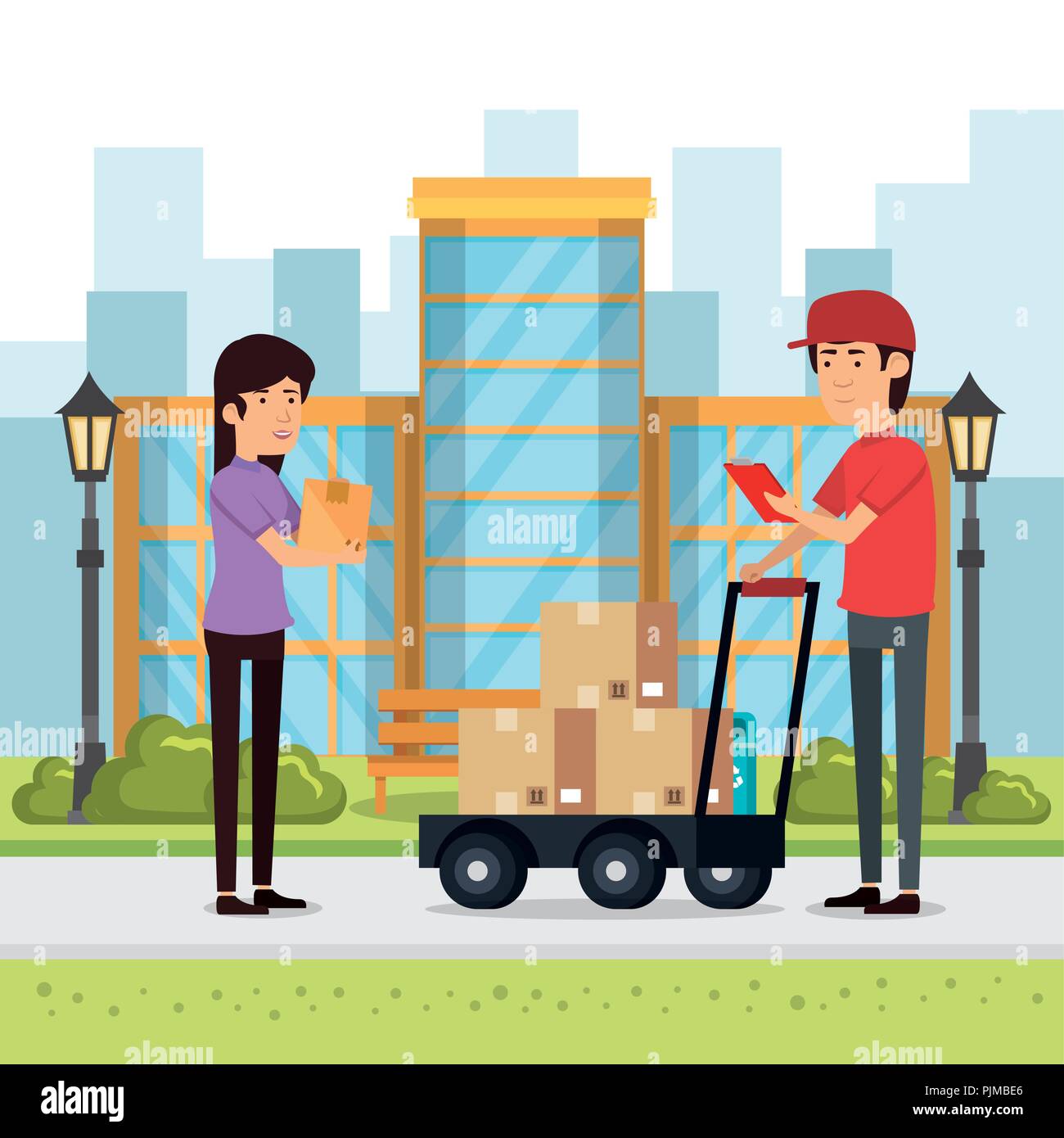 delivery worker with cart boxes character vector illustration design ...