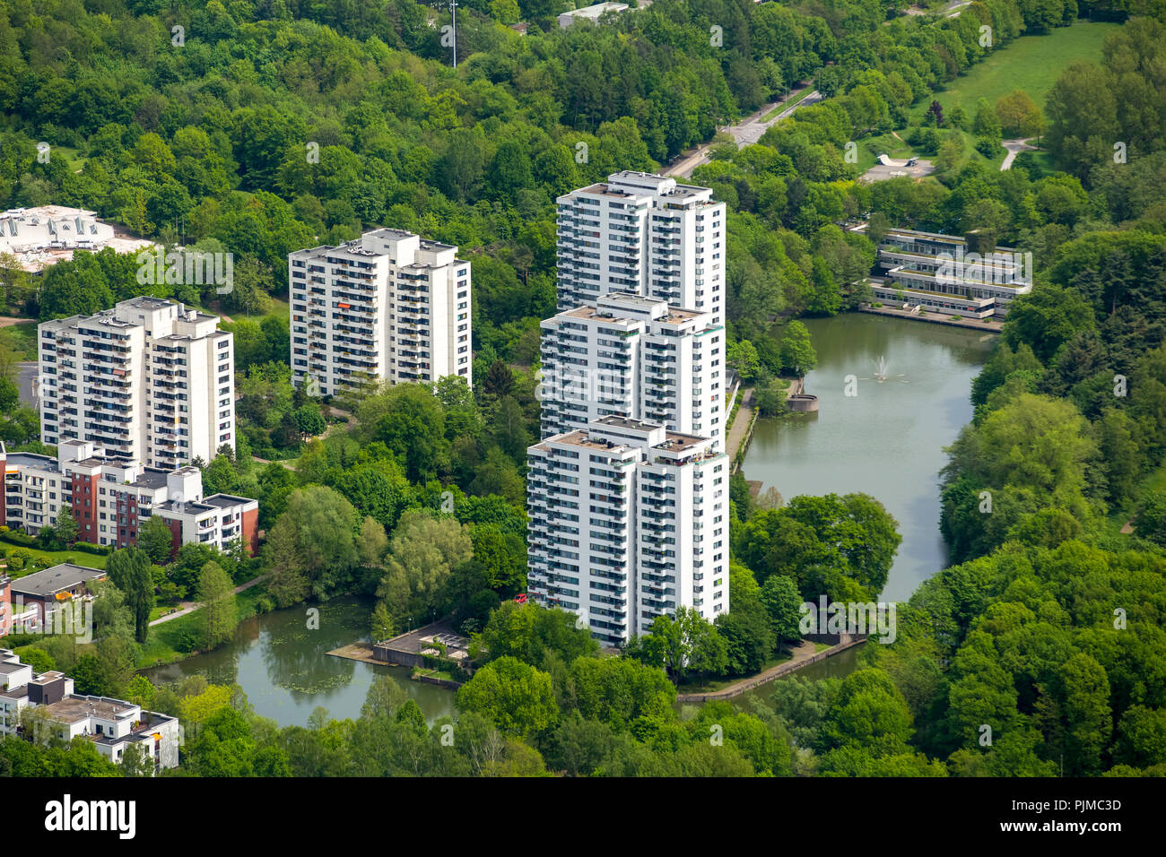 Hochdahl skyscrapers with town pond, Hochdahl, Erkrath, Rhineland