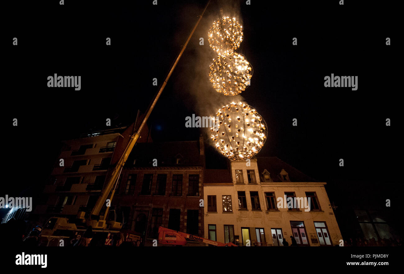 The Fire installation from Compagnie Carabosse on the Place Du Parc in Mons, during the opening night of Mons 2015, European Capital Of Culture (Belgi Stock Photo