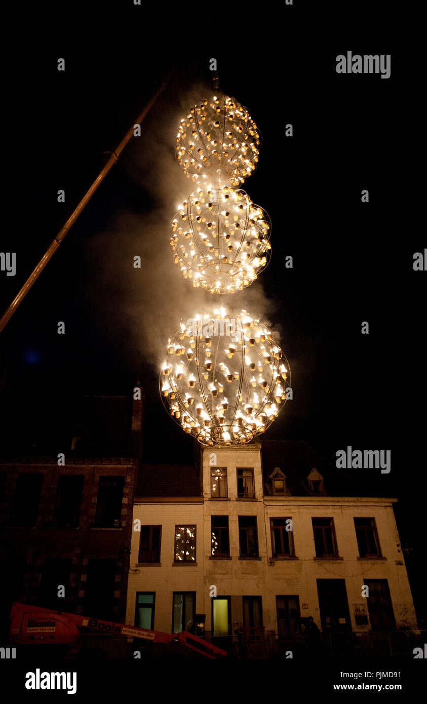 The Fire installation from Compagnie Carabosse on the Place Du Parc in Mons, during the opening night of Mons 2015, European Capital Of Culture (Belgi Stock Photo