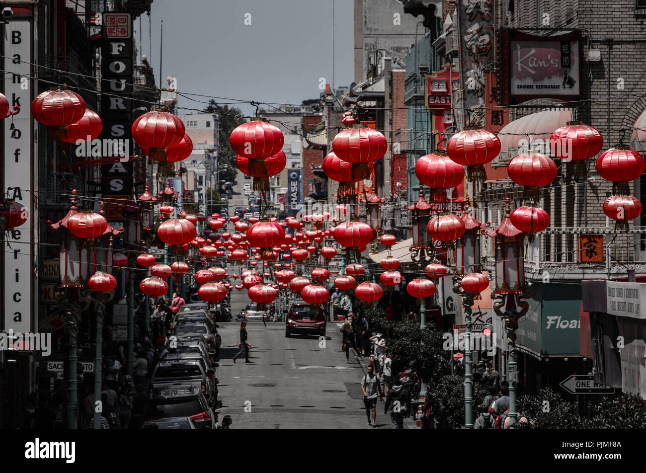 Chinatown In San Francisco With Chinese Lanterns Highlighted Stock Photo