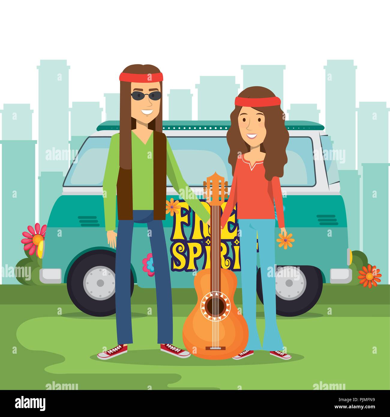 Couple Hippies Playing Guitar Lifestyle Characters Vector Illustration Stock Vector Image And Art 5018