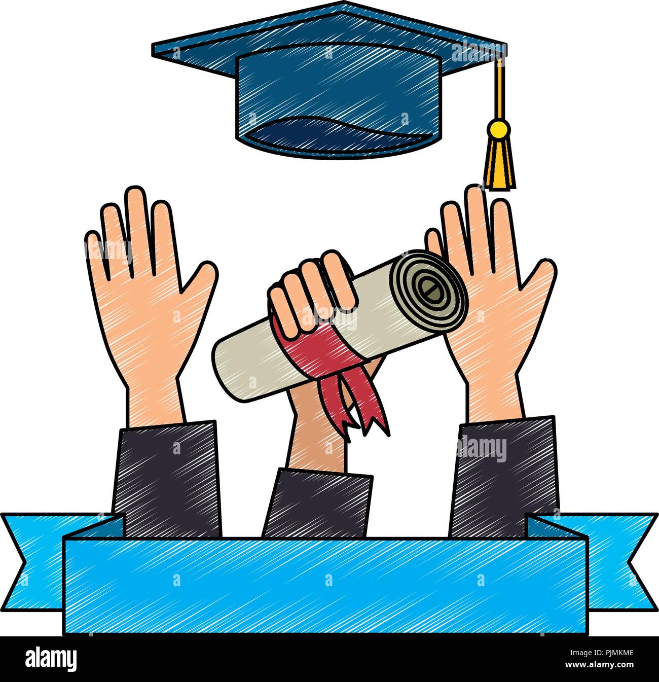 throwing hand with graduation diploma and hat vector illustration Stock ...