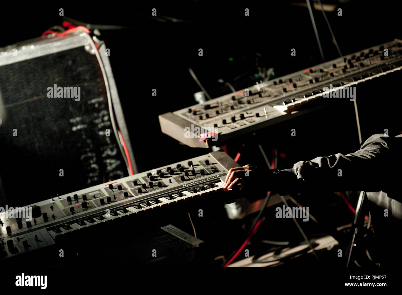 Dave Martijn from the Belgian electro band Goose soundchecking his synthesizers before their concert at the Laundry Day festival in Antwerp (Belgium,  Stock Photo