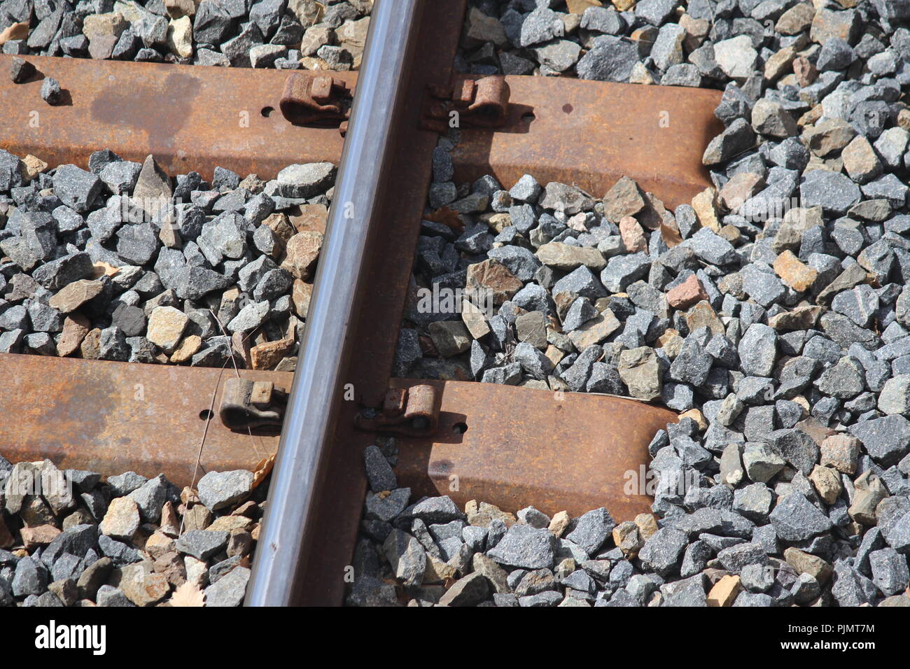Railway track, sleepers and ties on a sunny day in NSW, Australia. Stock Photo