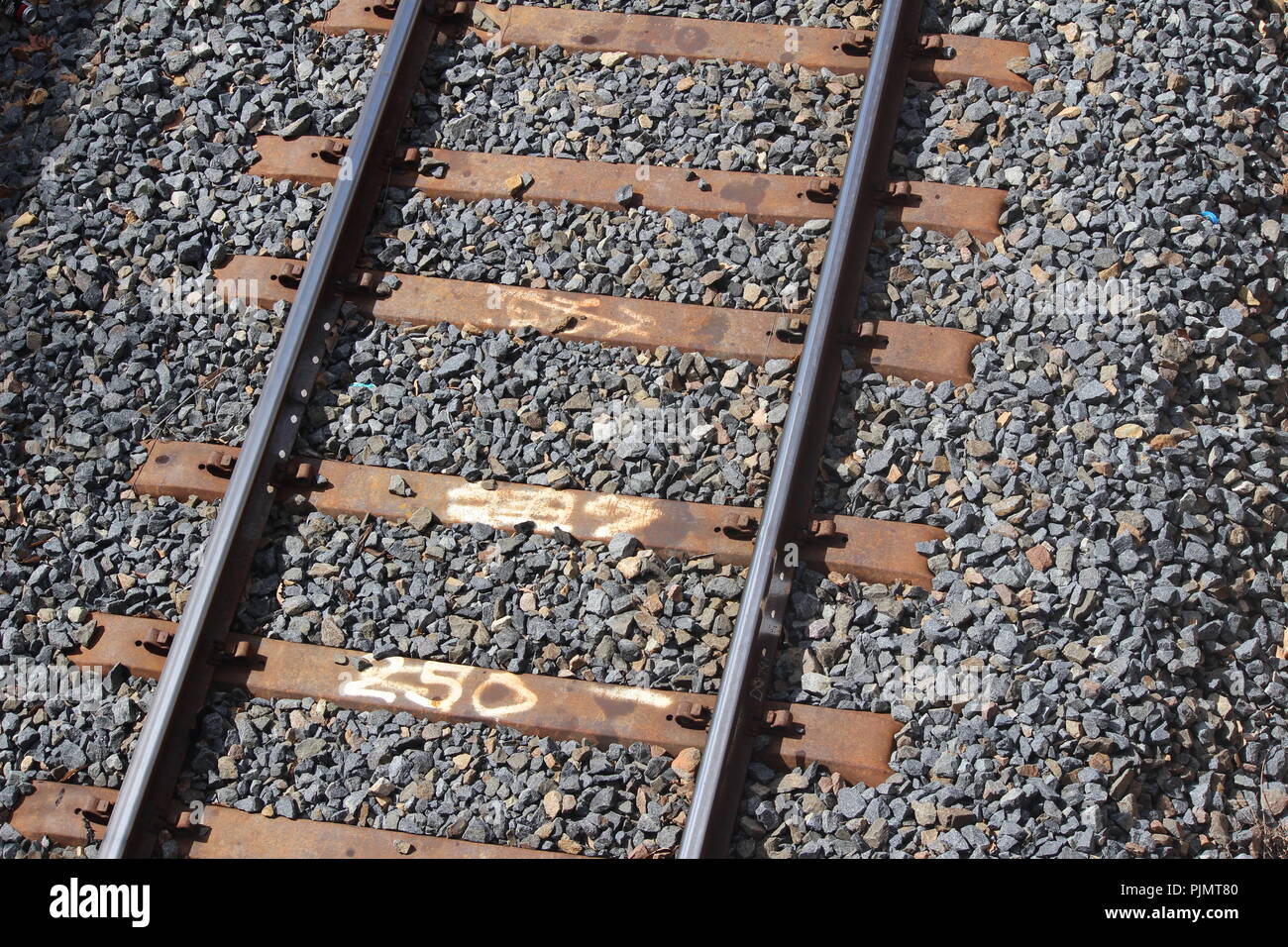 Railway track, sleepers and ties on a sunny day in NSW, Australia. Stock Photo