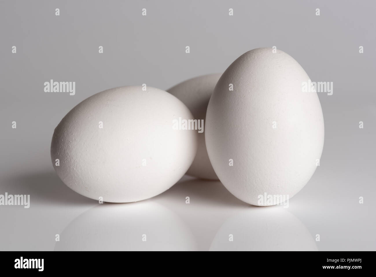 White eggs. Three white eggs isolated on white reflective surface Stock Photo
