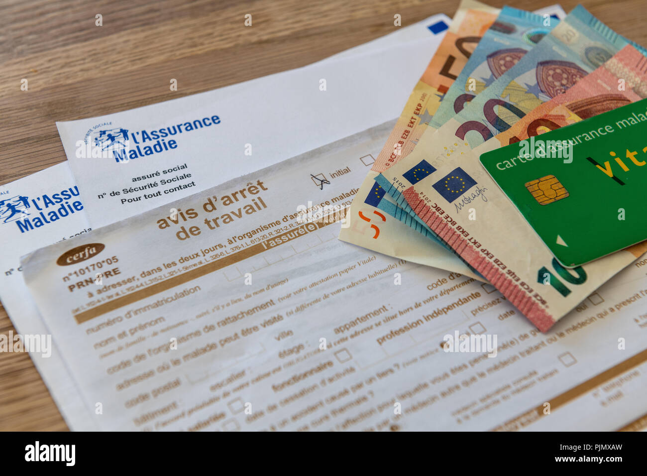 French Document Of Sick Leave Stoppage Of Work With Money And Vitale Card Stock Photo Alamy