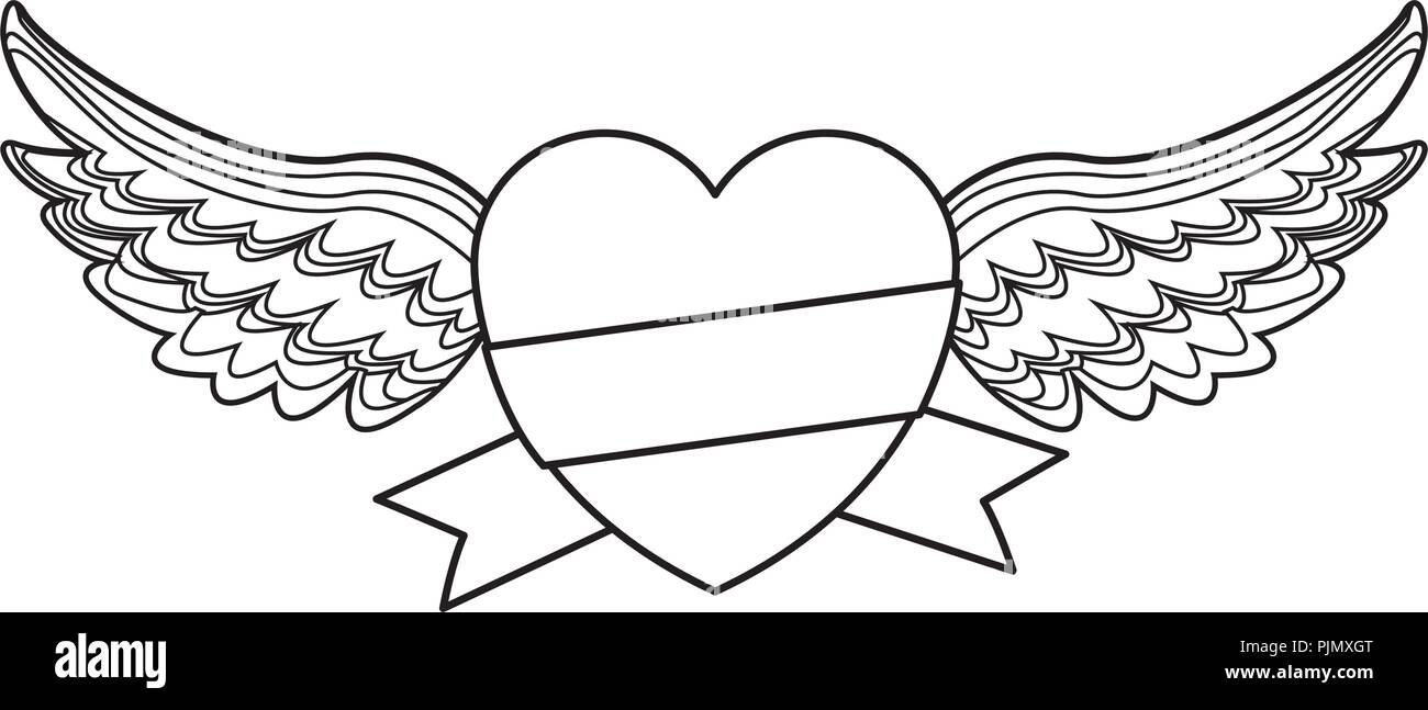 Heart With Wings And Ribbon Banner In Black And White Stock Vector