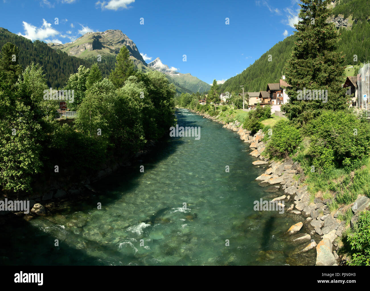 The Hinterrhein in the village of Splügen Viamala in Graubünden Stock Photo