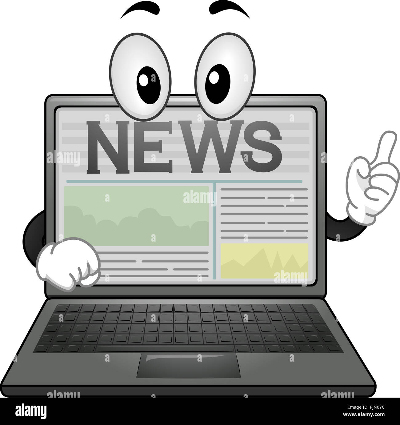 Illustration of a Laptop Mascot Showing News on Screen Stock Photo