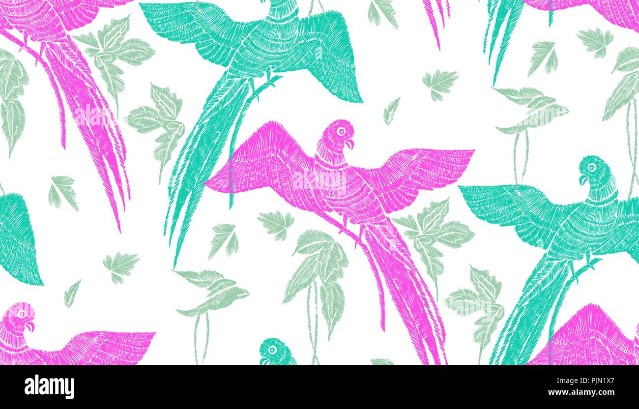 Parrots with tropical leaves seamless background pattern. Vector illustration hand drawn. Embroidery design. Stock Vector