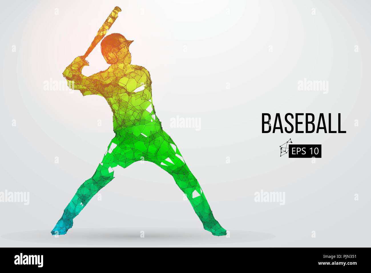 Silhouette of a baseball player. Dots, lines, triangles, text, color ...