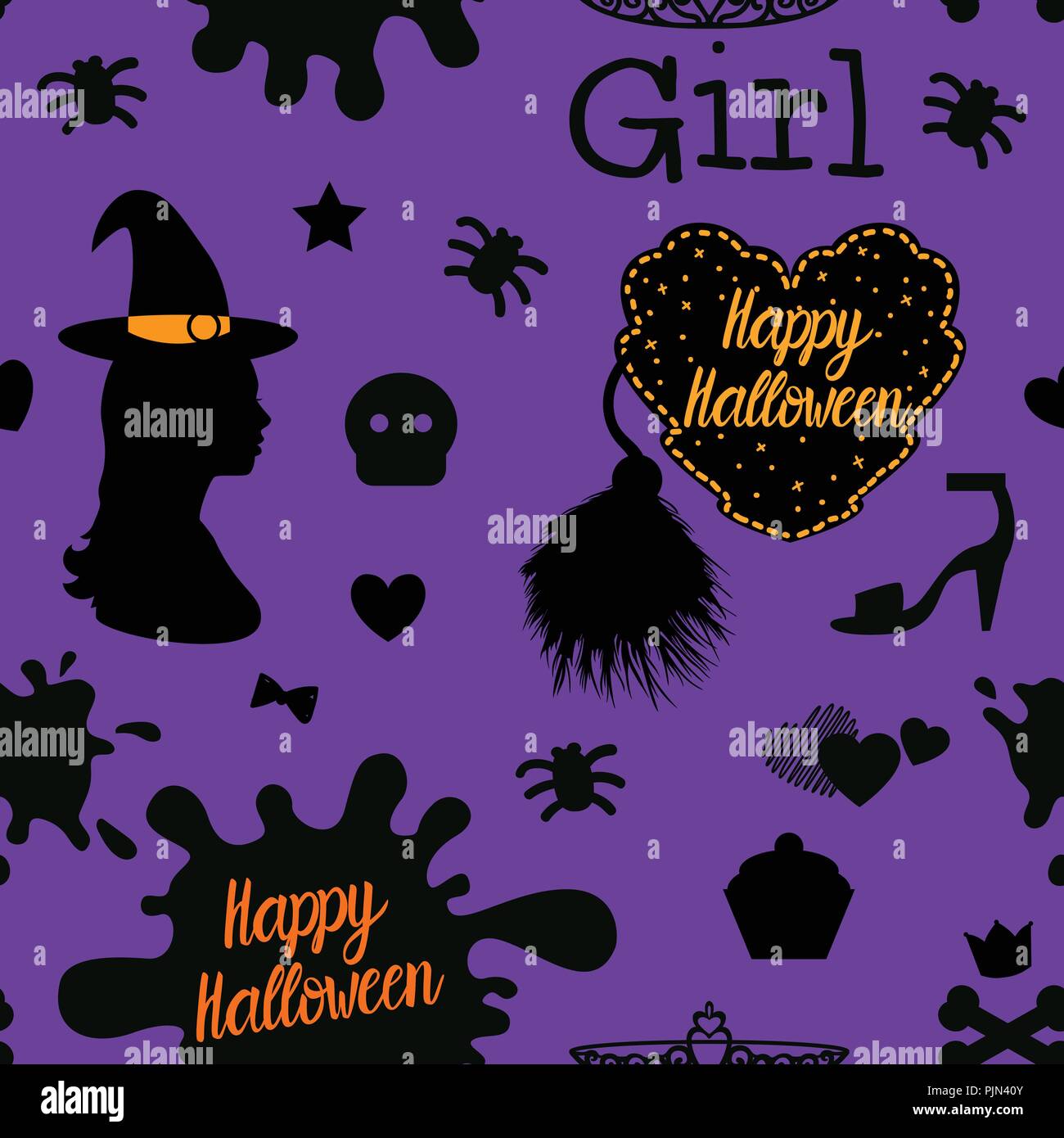 Seamless pattern Happy Halloween design. Vector illustration on a purple background. Stock Vector