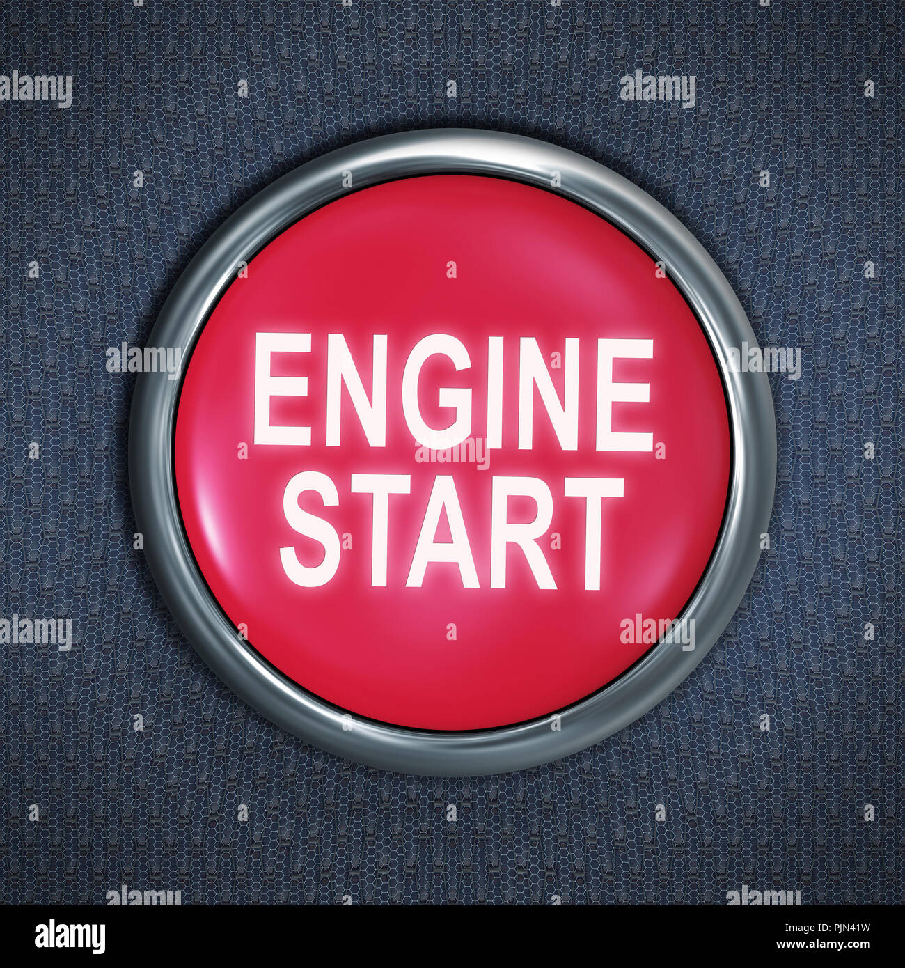 "A red button with the label: ""Engine of start""", Ein roter Knopf mit der Aufschrift: "Engine Start" Stock Photo