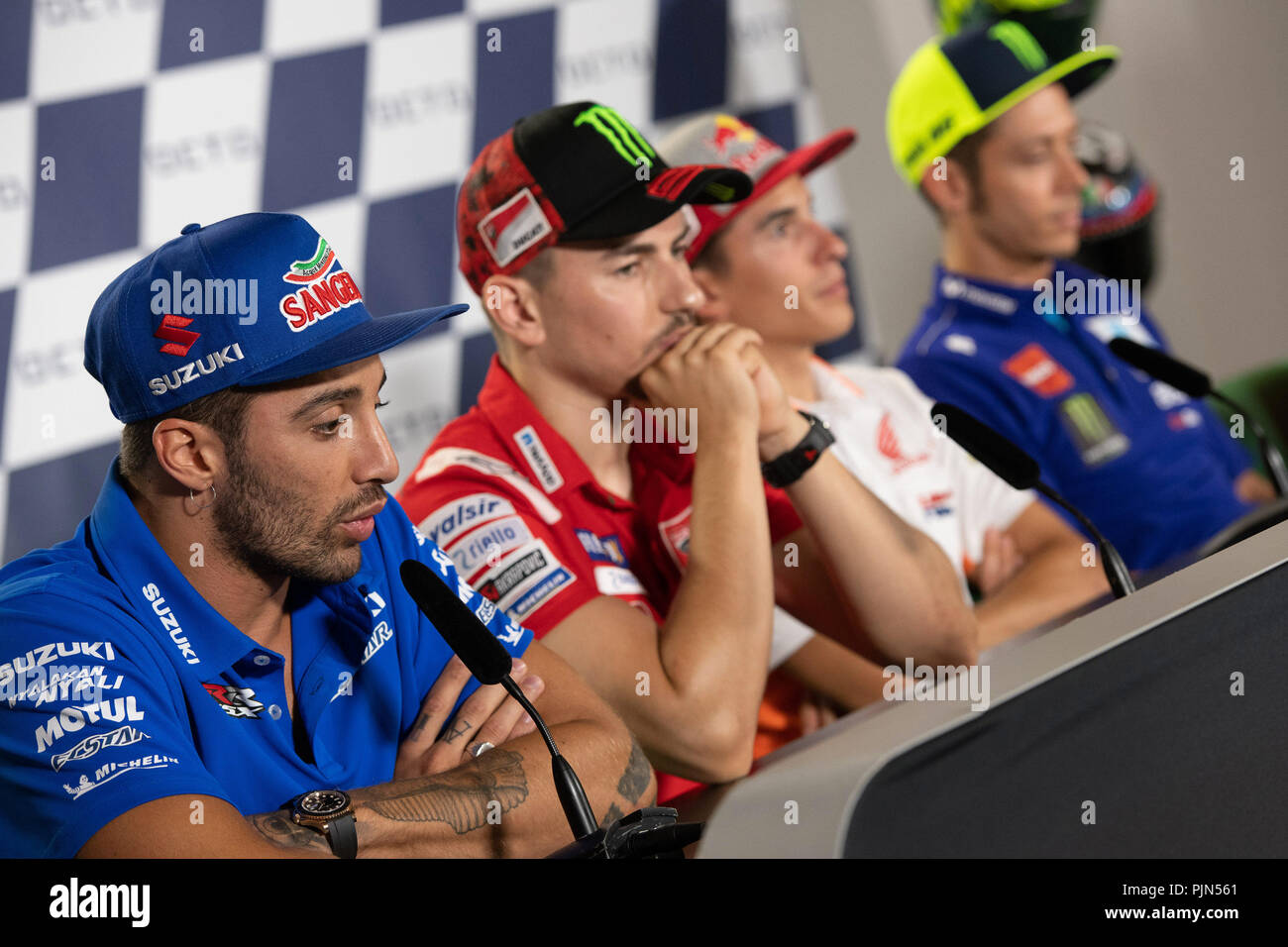 Misano Adriatico, Italy. 06th Sep, 2018. MotoGP riders during thursday's press conference in Misano Credit: Lorenzo Di Cola/Pacific Press/Alamy Live News Stock Photo
