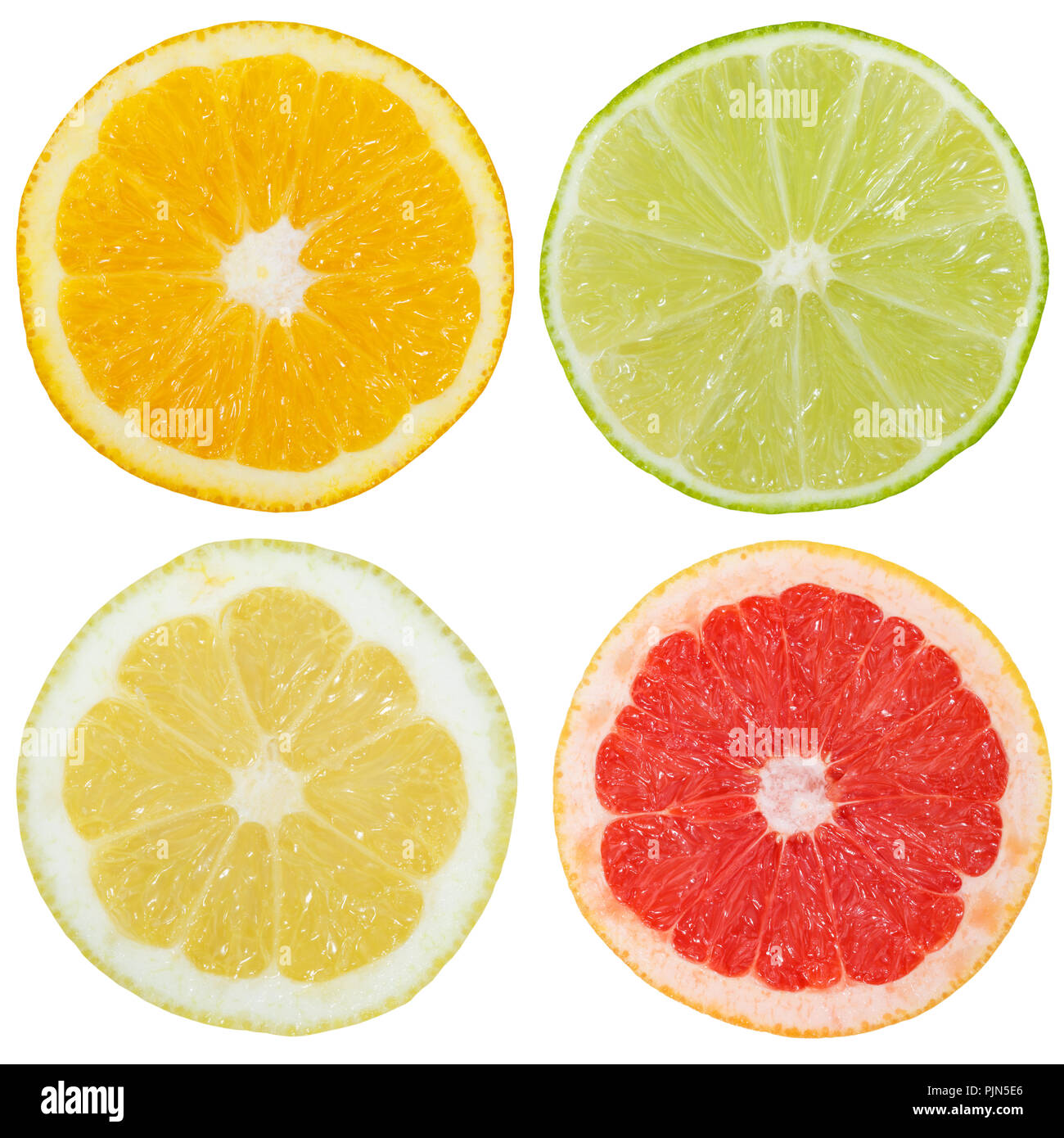 Collection of citrus fruits orange lemon slices sliced square isolated on a white background Stock Photo