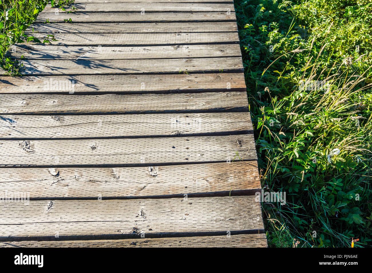 A closeup shot of planks on a raised walkway. Stock Photo