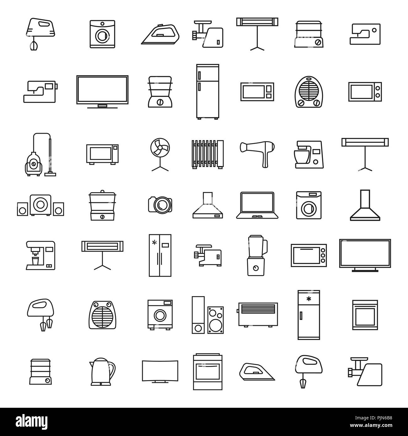 Set of different elements of household appliances from thin lines, isolated on white background, vector illustration. Stock Vector