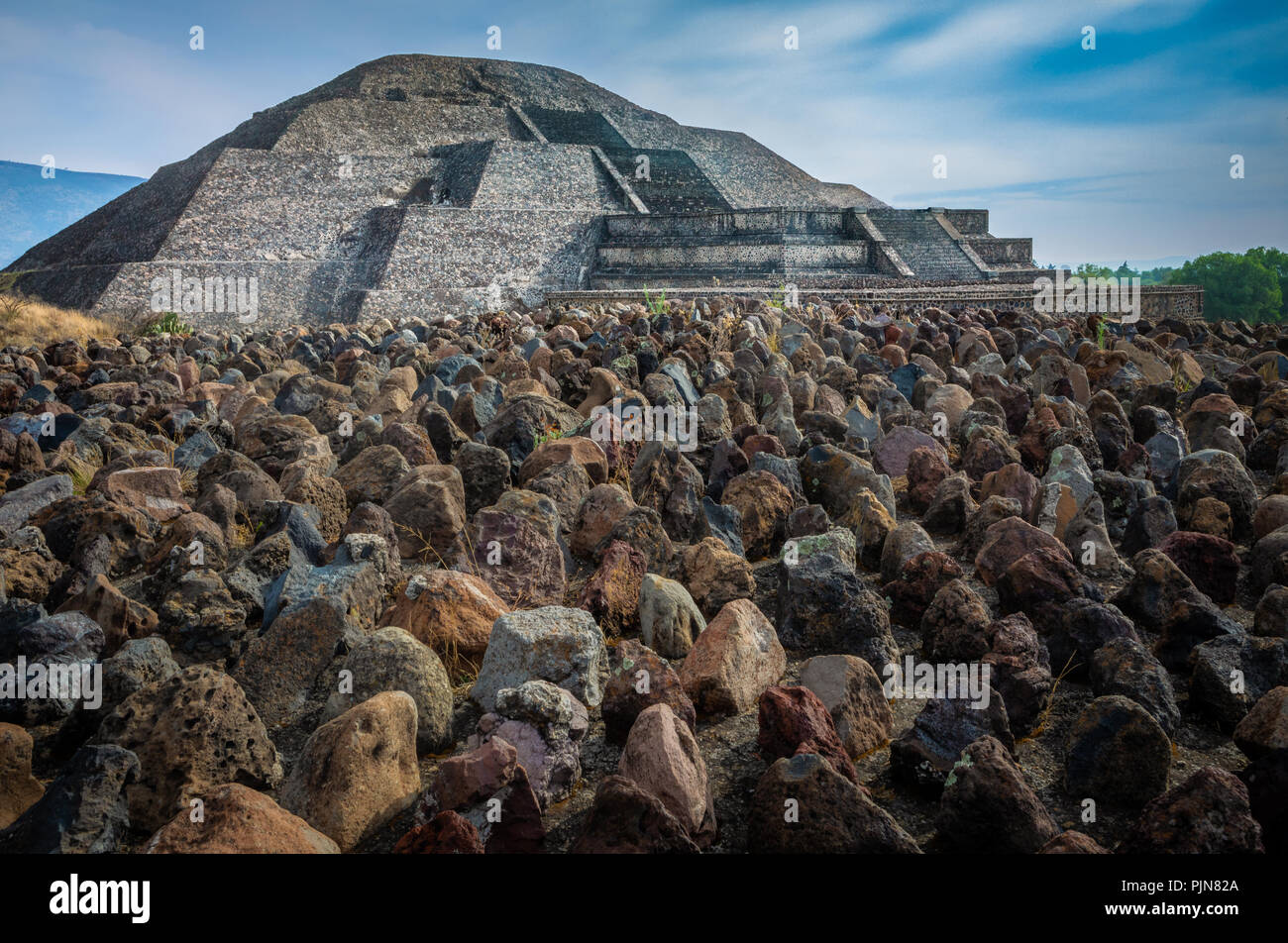 The Pyramid of the Moon is the second largest pyramid in modern-day San Juan Teotihuacán, Mexico, after the Pyramid of the Sun. Stock Photo