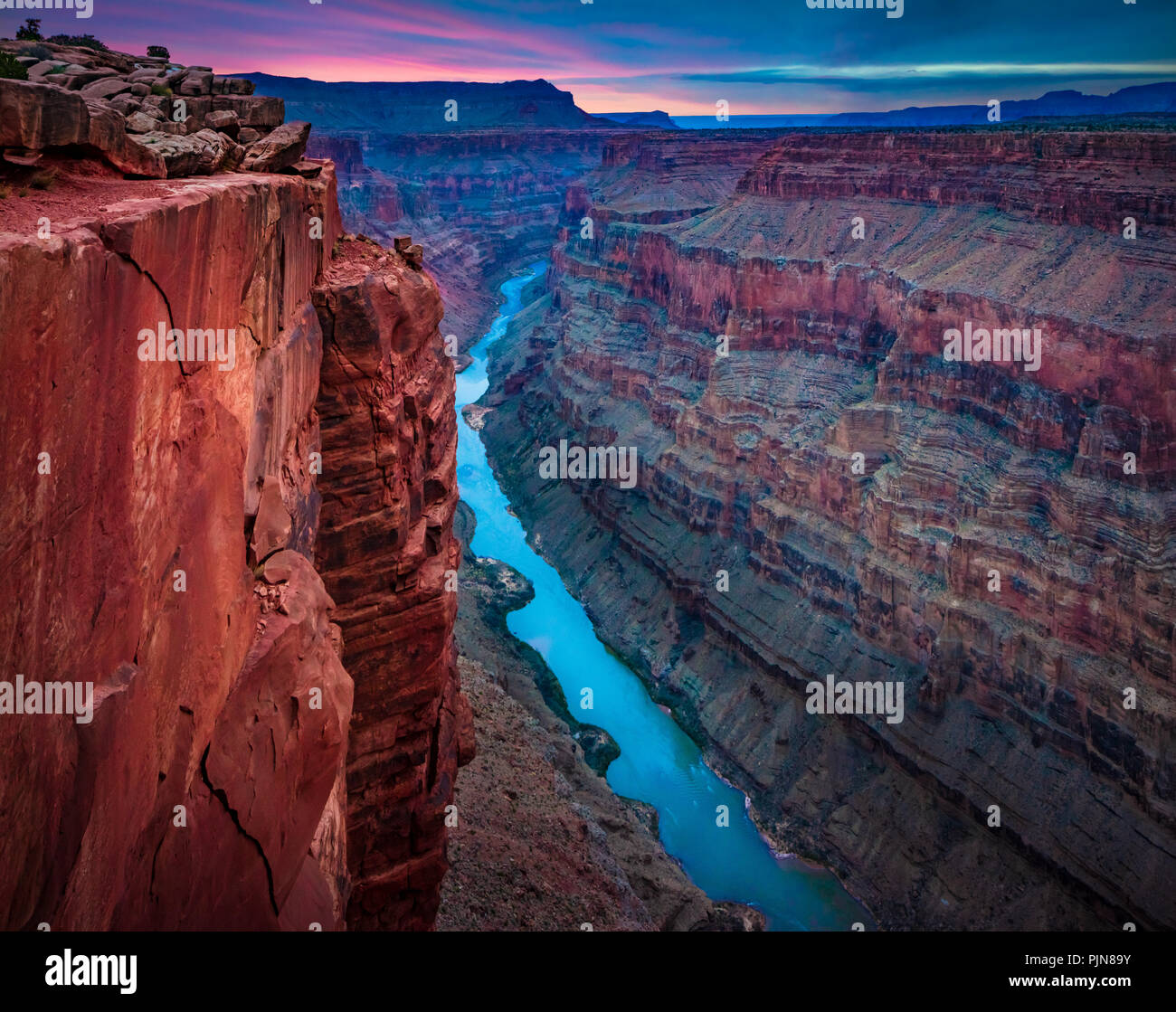 Grand Canyon from Toroweap Point. The Grand Canyon is a steep-sided canyon carved by the Colorado River in the state of Arizona. Stock Photo