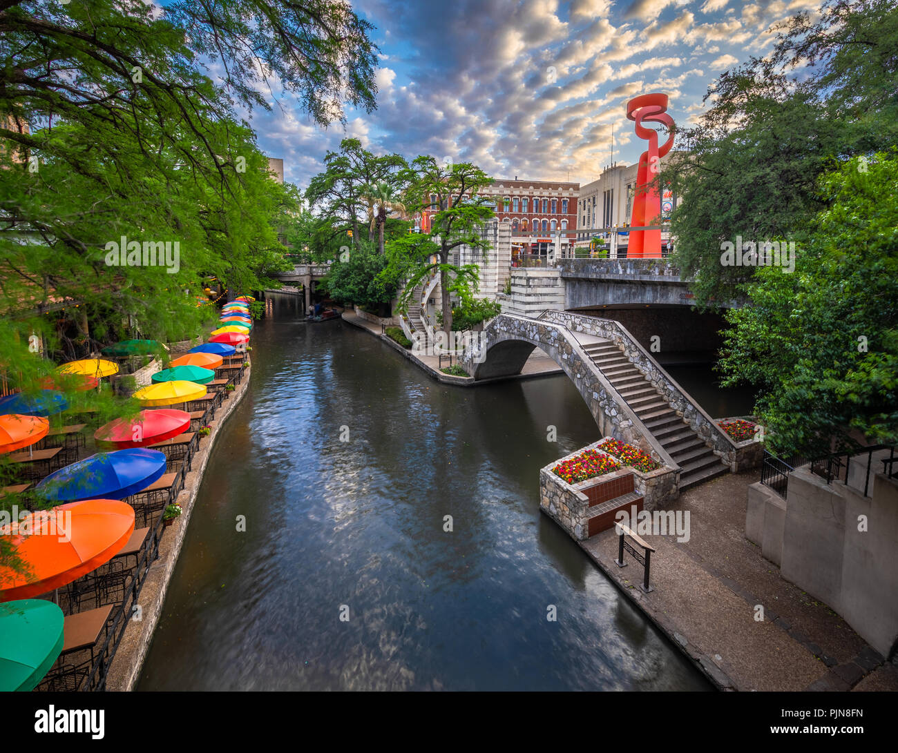 The San Antonio River Walk (also known as Paseo del Río) is a network of walkways along the banks of the San Antonio River. Stock Photo