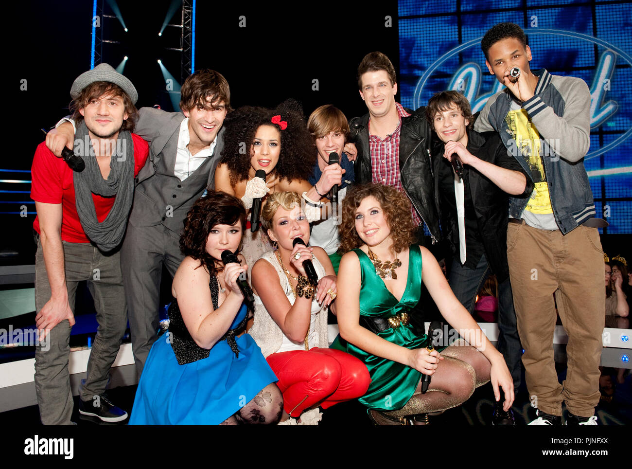 Group photo of the remaining contestants after the first Idool 2011 live show in Lint (Belgium, 18/03/2011) Stock Photo
