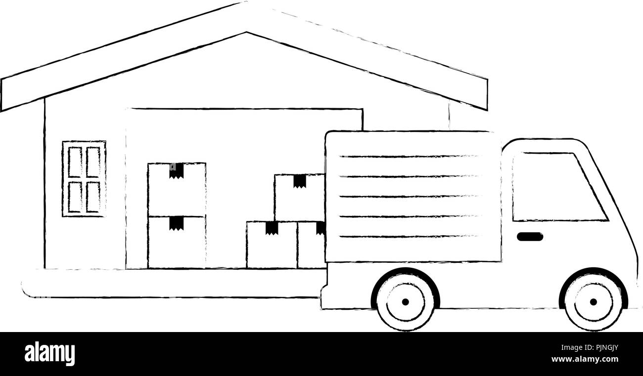 delivery service truck with warehouse Stock