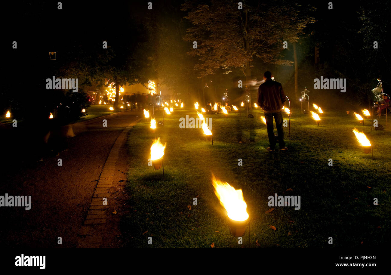 Opening of the Brugge Centraal culture festival with the Installation De Feu from French fire company Compagnie Carabosse in the Minnewaterpark in Bru Stock Photo