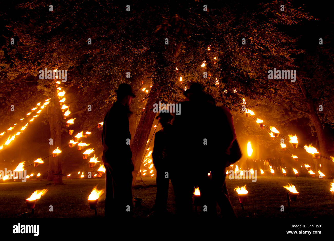 Opening of the Brugge Centraal culture festival with the Installation De Feu from French fire company Compagnie Carabosse in the Minnewaterpark in Bru Stock Photo