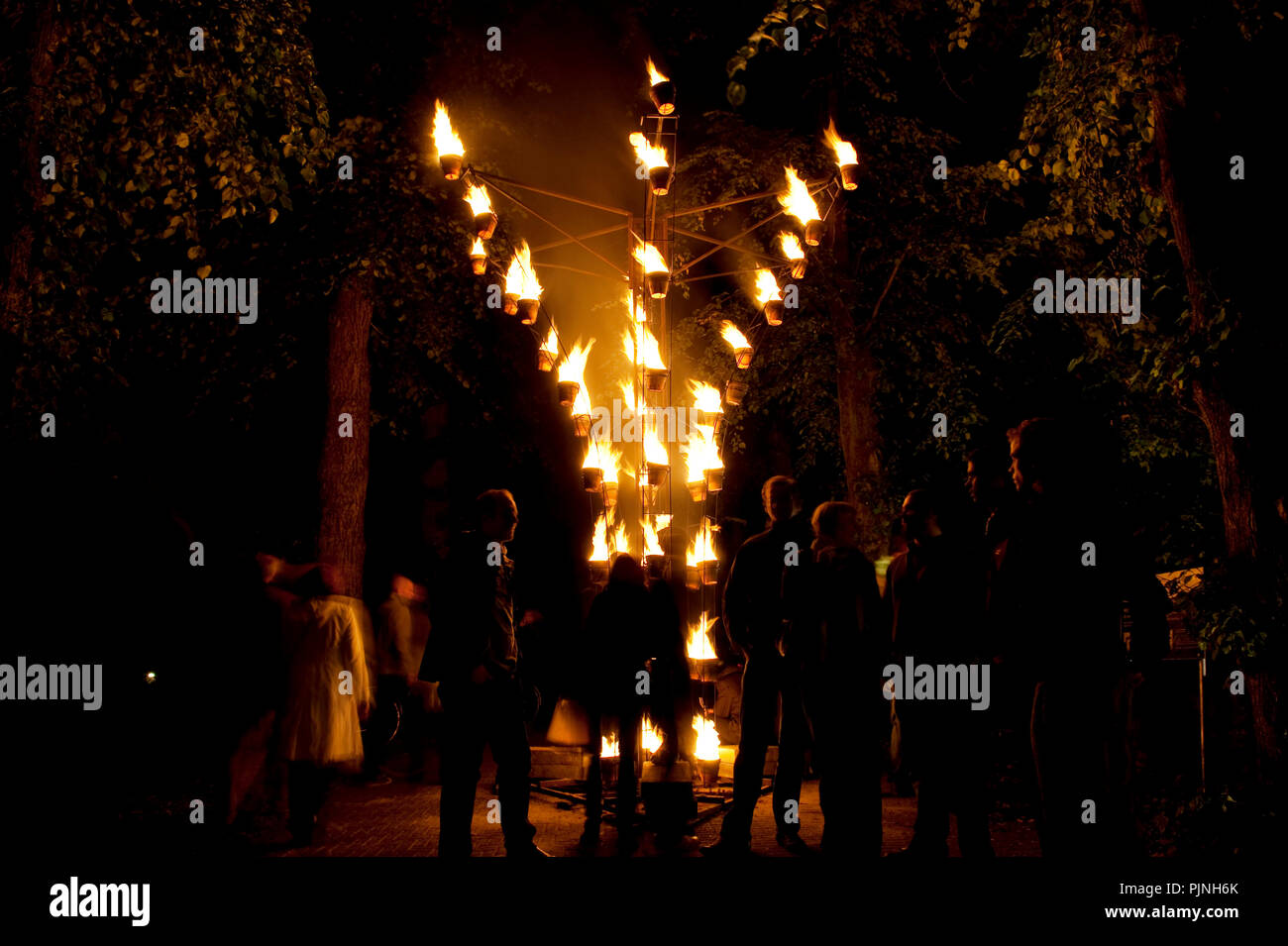 Opening of the Brugge Centraal culture festival with the Installation De Feu from French fire company Compagnie Carabosse in the Minnewaterpark in Bru Stock Photo