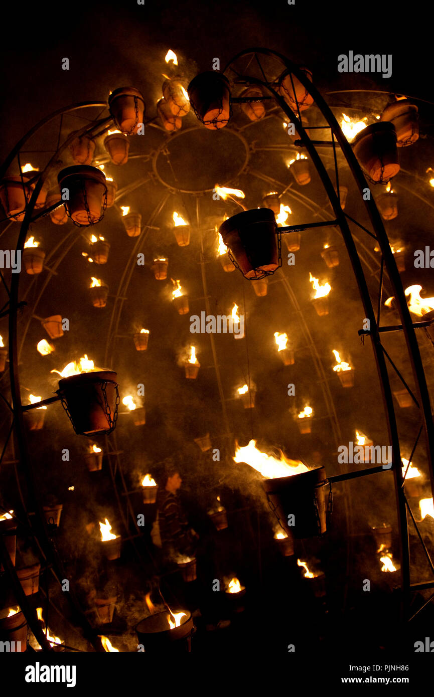 Opening of the Brugge Centraal culture festival with the Installation De Feu from French fire company Compagnie Carabosse in the Minnewaterpark in Bru Stock Photo