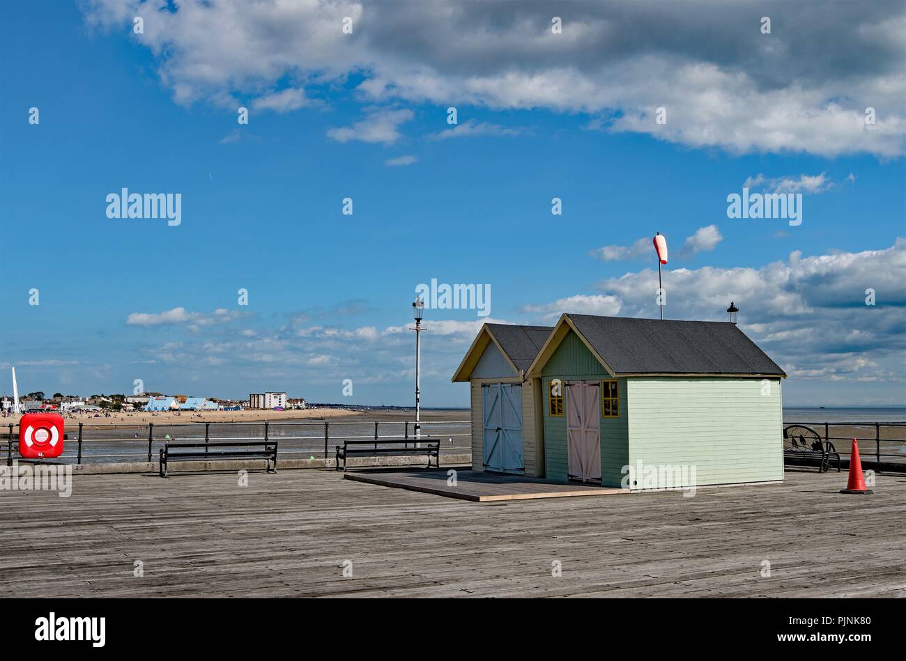 Taken to capture the pretty pastel shades of the contemporary beach huts on South End on Sea, Essex, England. Stock Photo