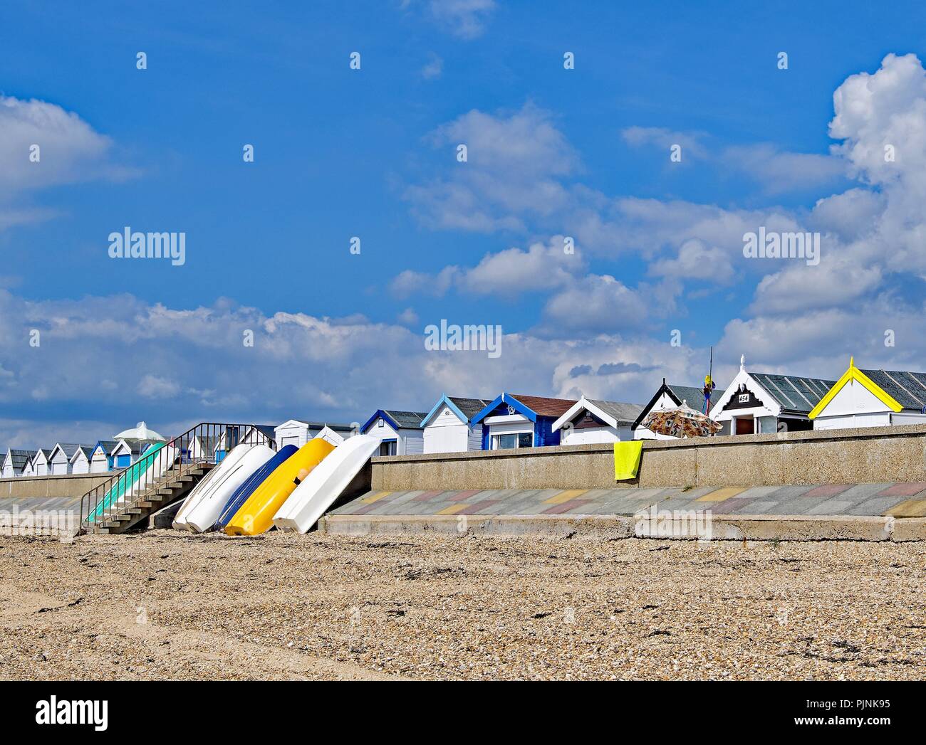 Taken to capture the pretty pastel shades of the contemporary beach huts on South End on Sea, Essex, England. Stock Photo