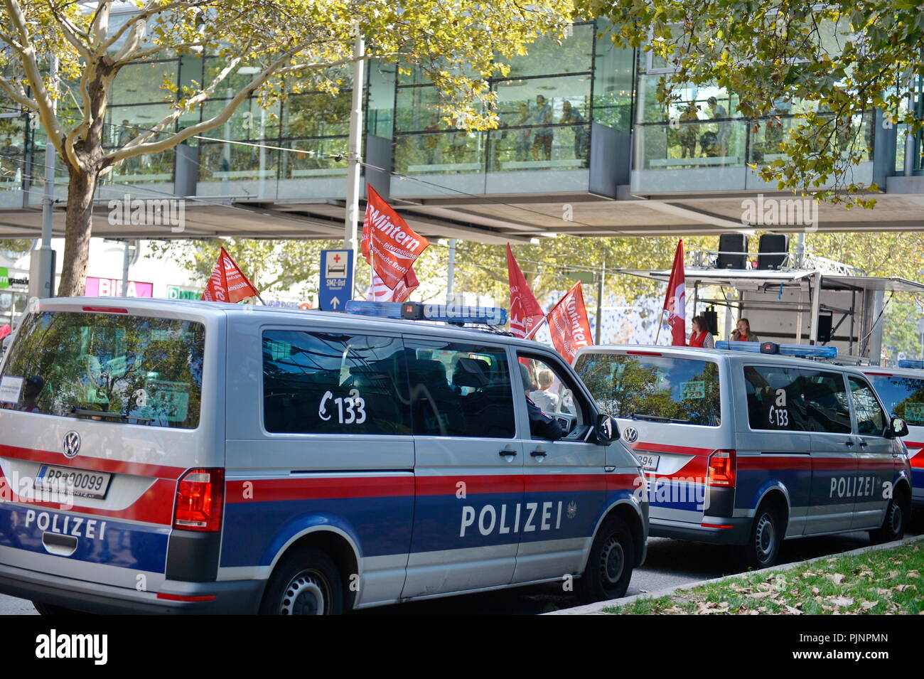 Vienna, Austria. 8th September 2018. Meeting of EU finance ministers at the Austria Center Vienna. Opponents of neo-liberal austerity protest against the meeting. An alliance of trade union, anti-fascist and progressive organizations is calling for a summit meeting in Kagran on 8 September under the slogan 'Fight with Money!' . Credit: Franz Perc / Alamy Live News Stock Photo