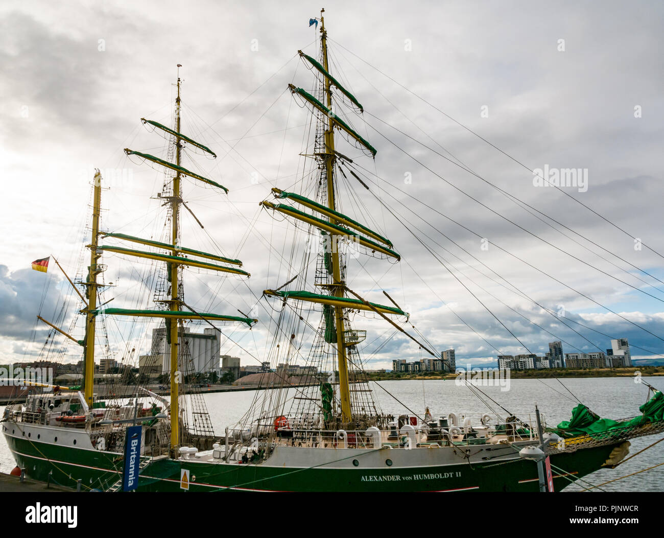 Leith dock, Leith, Edinburgh, Scotland, UK. 8th Sep, 2018. Alexander von Humboldt II tall ship visits Leith harbour and is moored in the Entrance Basin. The ship, built in 2011, is a civilian square rigger tall ship offering voyages for young people aged 15-25, and is operated by Deutsche Stiftung Sail Training (German Sail Training Foundation/DSST). It competes in tall ship races Stock Photo