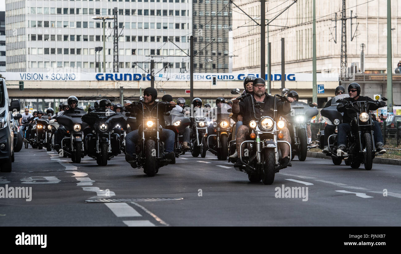 Berlin, Germany. 08th Sep, 2018. Motorcyclists take part in the demonstration of the biker gang Hells Angels against the ban of their club badges. The route leads from Biesdorf in East Berlin to the city centre and back. Credit: Paul Zinken/dpa/Alamy Live News Stock Photo