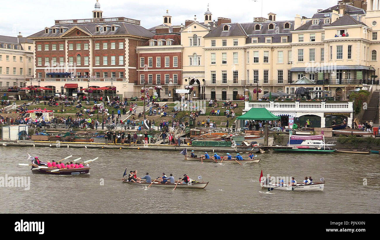 London, UK. 08th Sep, 2018. The Great River Race in London 2018 as competitors pass Richmond Waterfront about 2 miles before the finishing line at Ham Credit: Peter Phipp/Travelshots.com/Alamy Live News Stock Photo