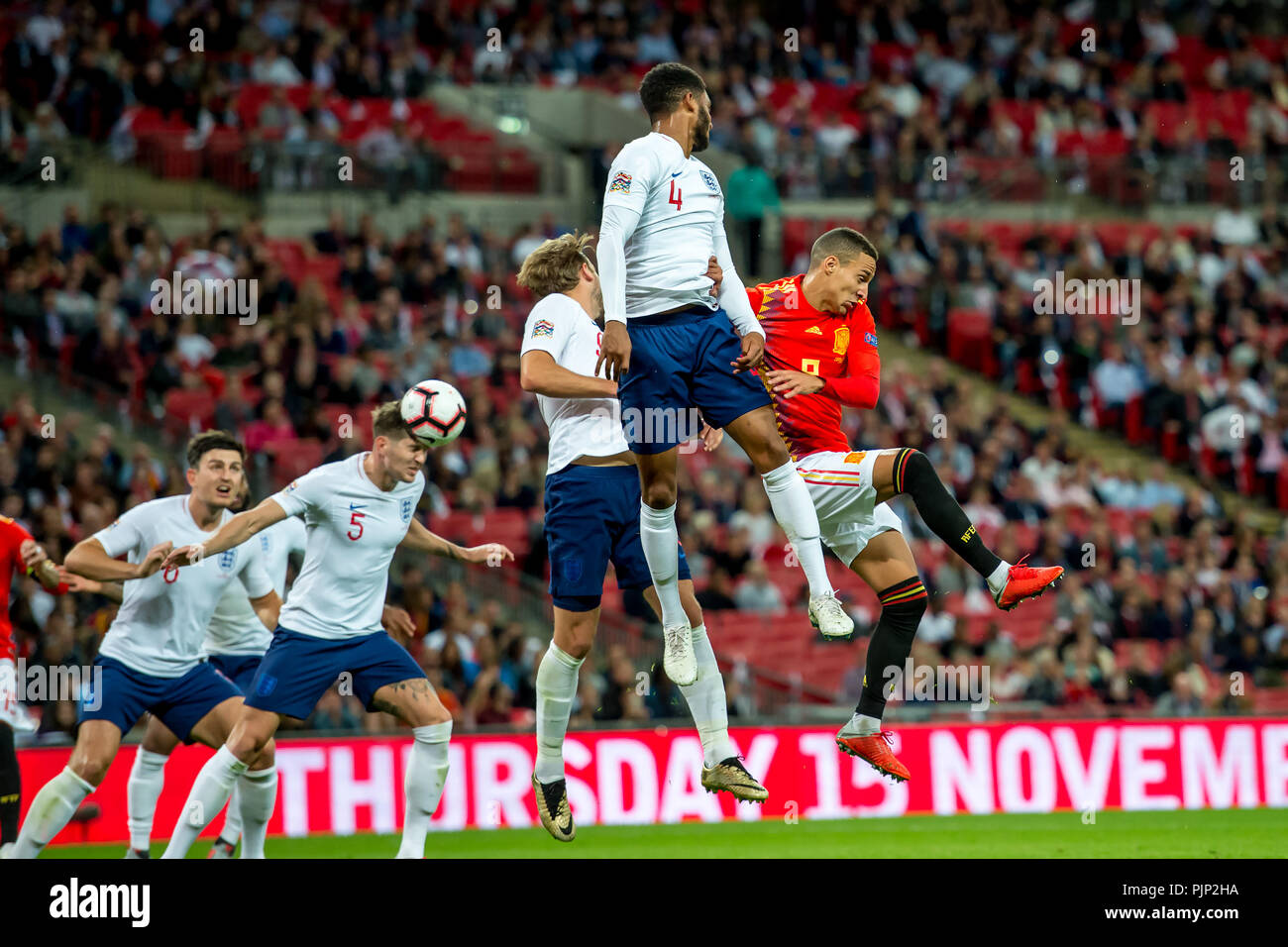 Rodrigo Moreno of Spain Joe Gomez of England and John Stones of England during the UEFA Nation League, Group 4, League A match between England and Spain at Wembley Stadium, London, England on 8 September 2018. 8th Sep, 2018. Photo by Salvio Calabrese Credit: AFP7/ZUMA Wire/Alamy Live News Stock Photo