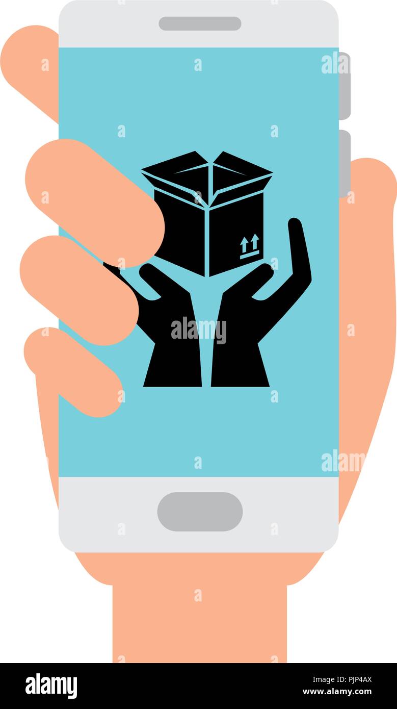 smartphone with box carton and hands protection Stock Vector