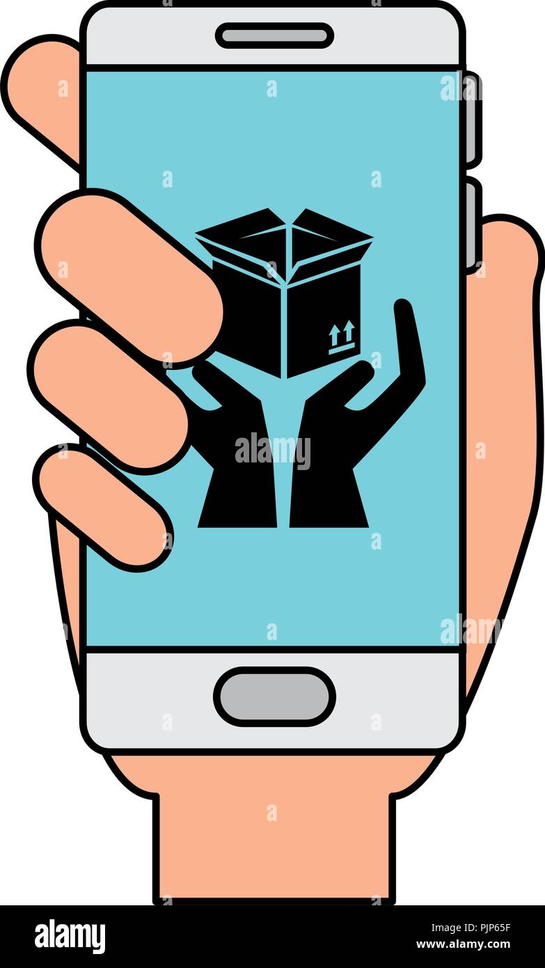smartphone with box carton and hands protection Stock Vector