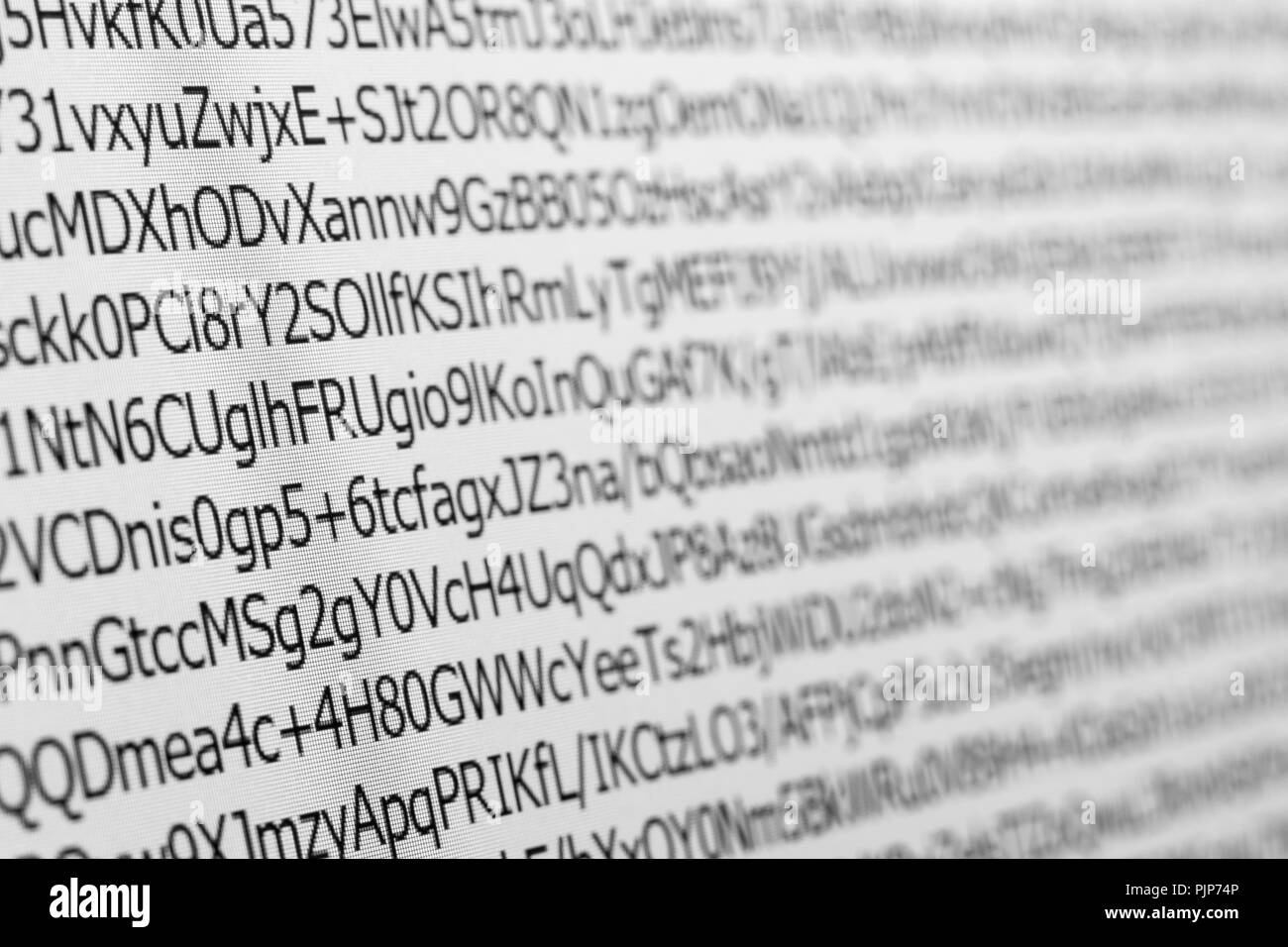 Close up macro shot selective focus of computer encoding screen. Stock Photo