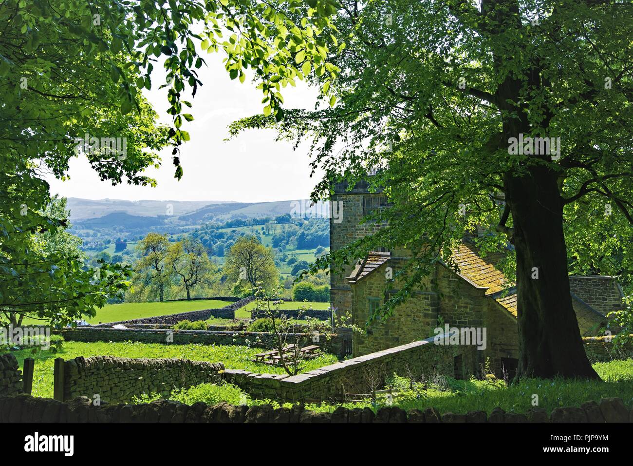 View of the North Lees Hall, the famous principal inspiration for Bronte's imaginary Thornfield Hall in Jane Eyre. Stock Photo