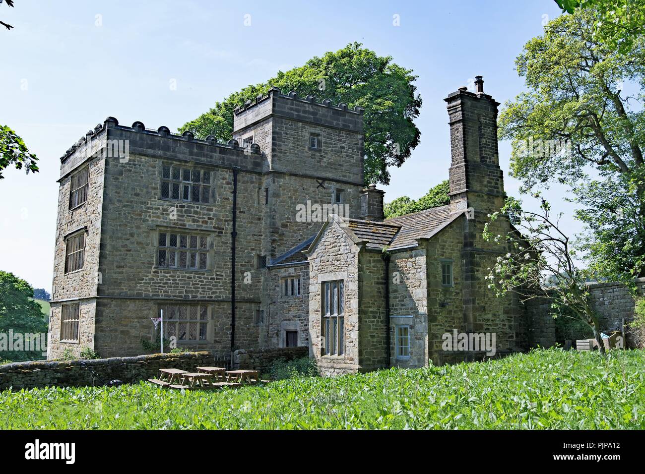 View of the North Lees Hall, the famous principal inspiration for Bronte's imaginary Thornfield Hall in Jane Eyre. Stock Photo